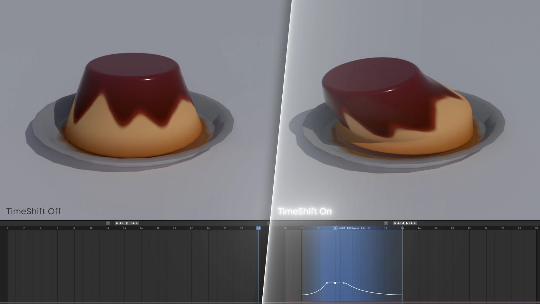 A jiggly pudding with TimeShift off on the left and on on the right