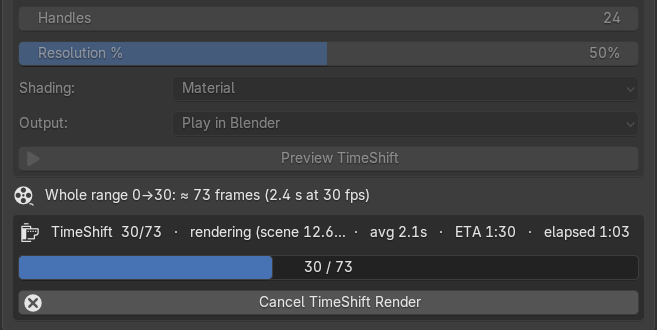 The panel during a render: greyed-out settings, a progress bar at 30 of 73 frames, and Cancel TimeShift Render