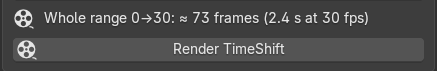 The panel footer: Whole range 0 to 30, about 73 frames, 2.4 s at 30 fps, above the Render TimeShift button