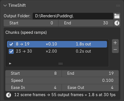 The top of the TimeShift panel: Output Folder, Start and End, and the Chunks list with one chunk active