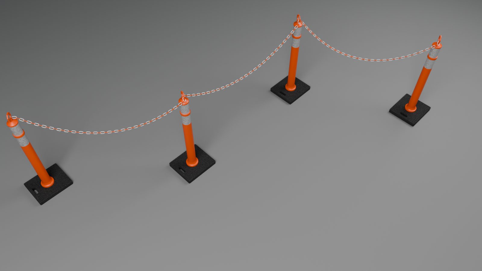 The same four delineator posts with every rubber pad turned along the line