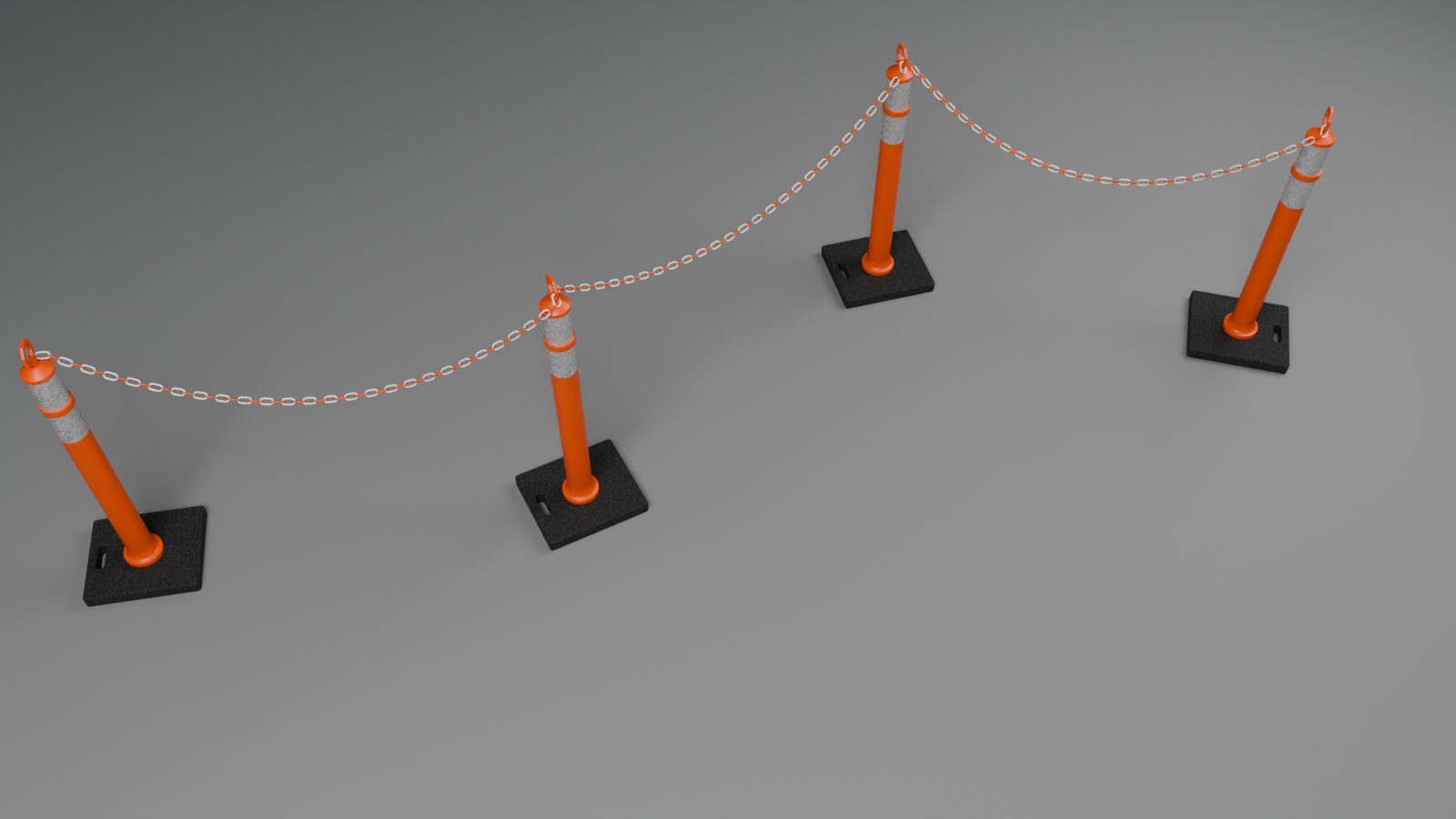 Four delineator posts on square rubber pads joined by a chain, each pad turned by its own corner