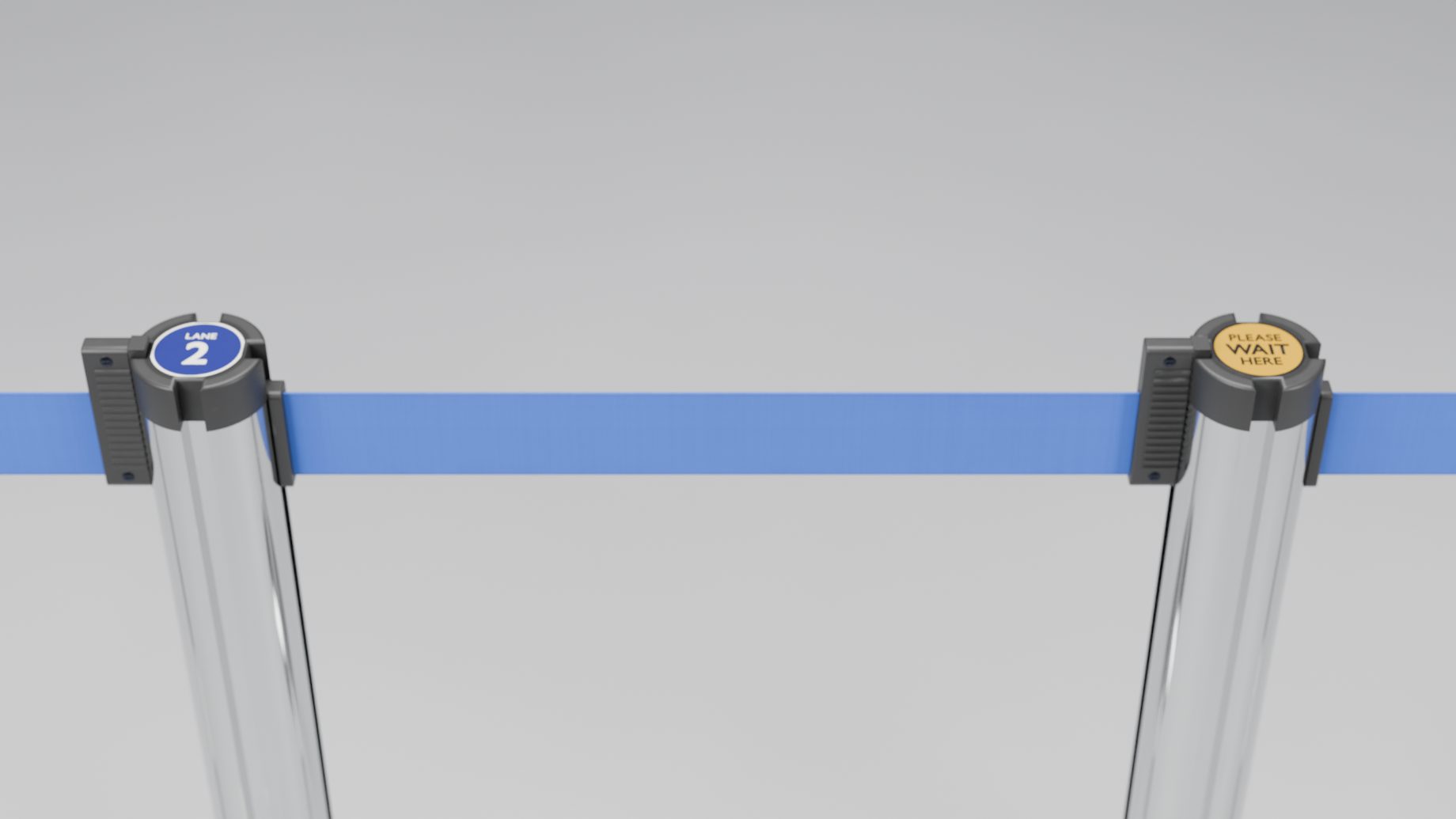 Two chrome posts with round Lane 2 and Please Wait stickers on their caps