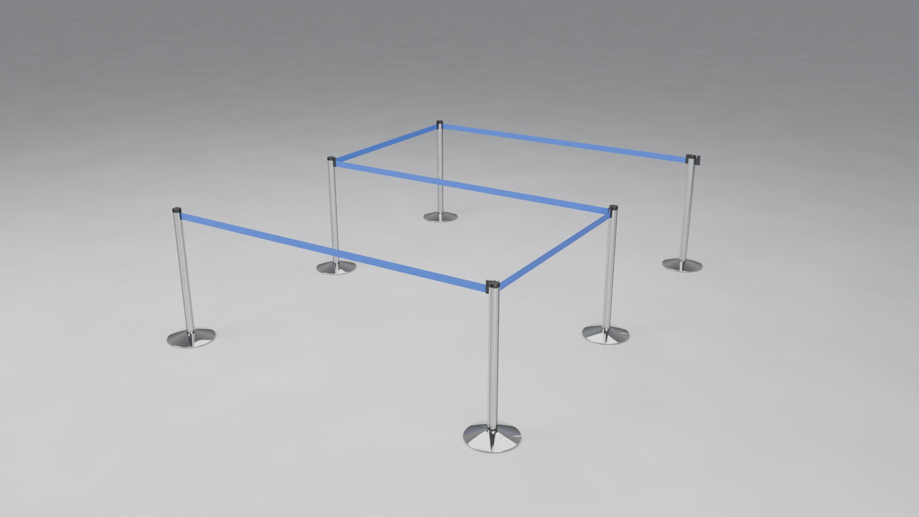 The same zig-zag as a barrier: a chrome post on every point and a blue belt on every segment