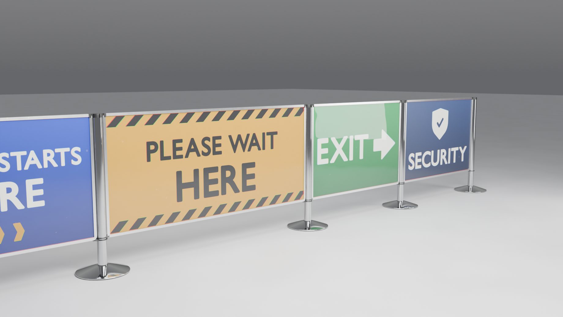 A panel stanchion line with printed panels: Queue Starts Here, Please Wait Here, Exit, Security
