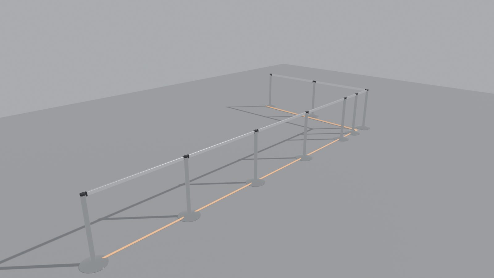 A line of posts and rails turning square corners, built in whole pieces, with the orange source line on the floor beside it