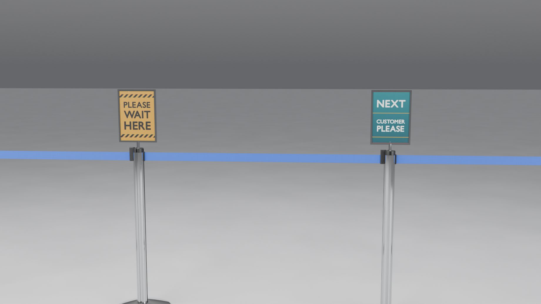 Belt posts with sign frames on top, printed Please Wait Here and Next Customer Please