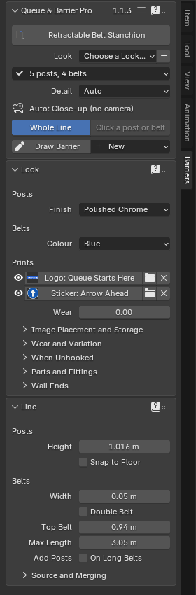 The Barriers tab with a belt line active: the Queue & Barrier Pro, Look and Line panels