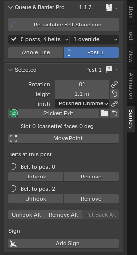 The Barriers tab with a post clicked: the Queue & Barrier Pro panel and the Selected panel