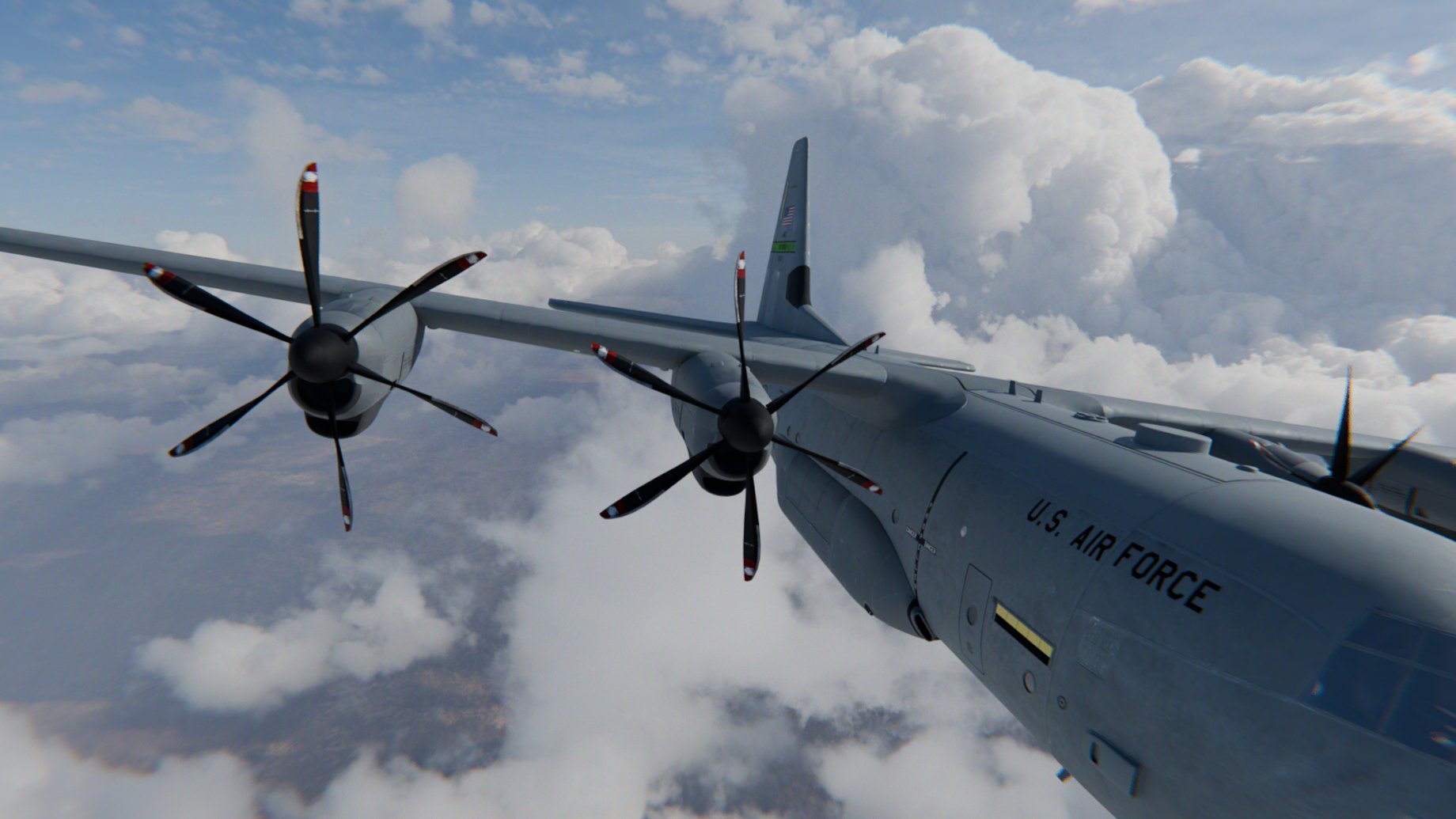 The same frame rendered with TimeShift: every propeller blade is sharp