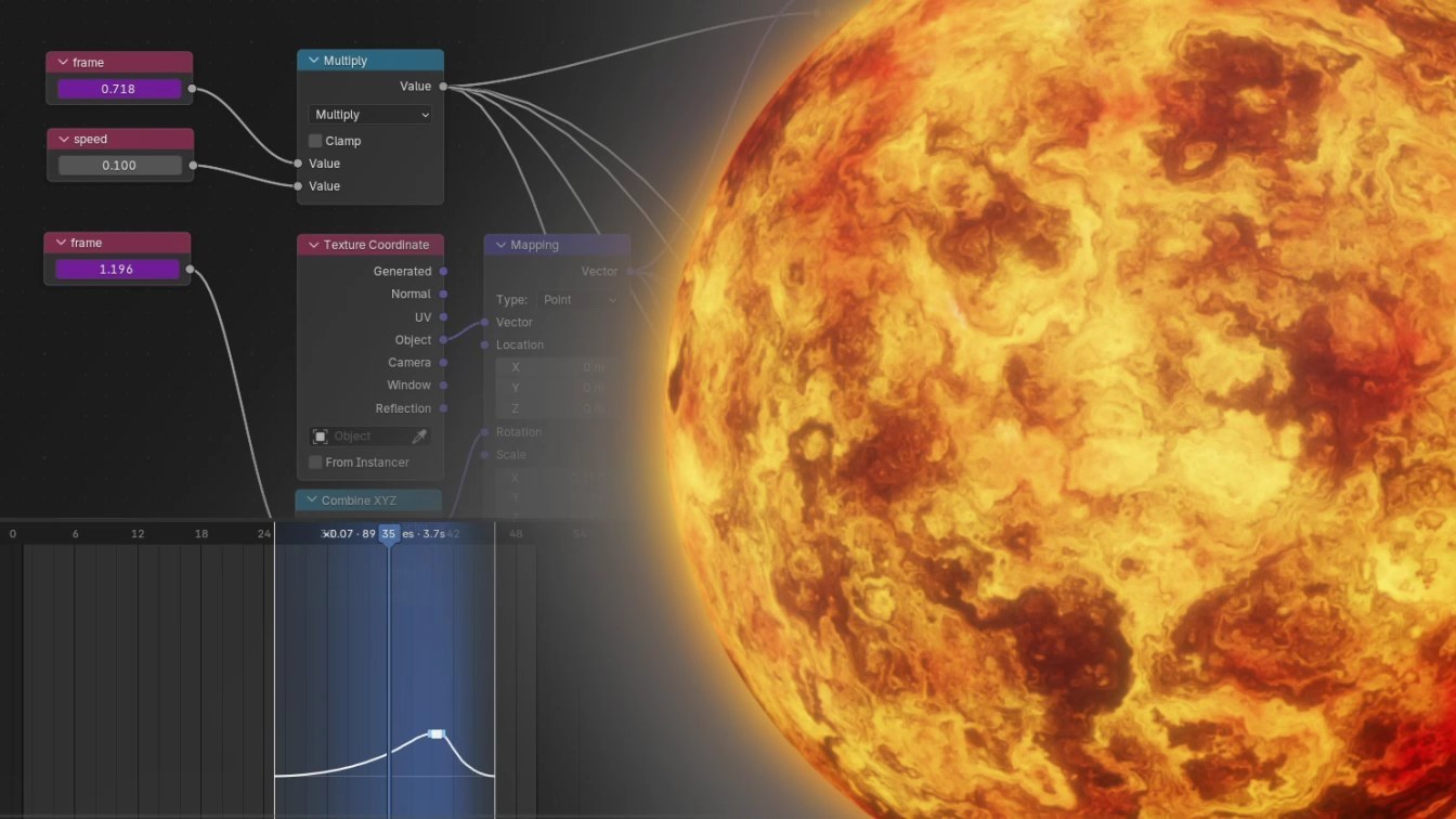 A shader node tree driven by sub-frame time beside a lava sphere