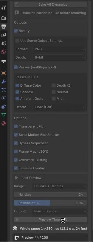The TimeShift panel with Bake All Dynamics, outputs, passes and preview